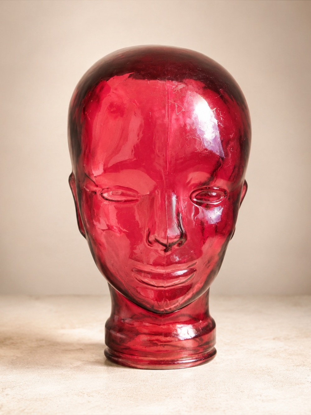 Vintage Cranberry Red Pink Glass Mannequin Head Spain Display Bust 12” Heavy